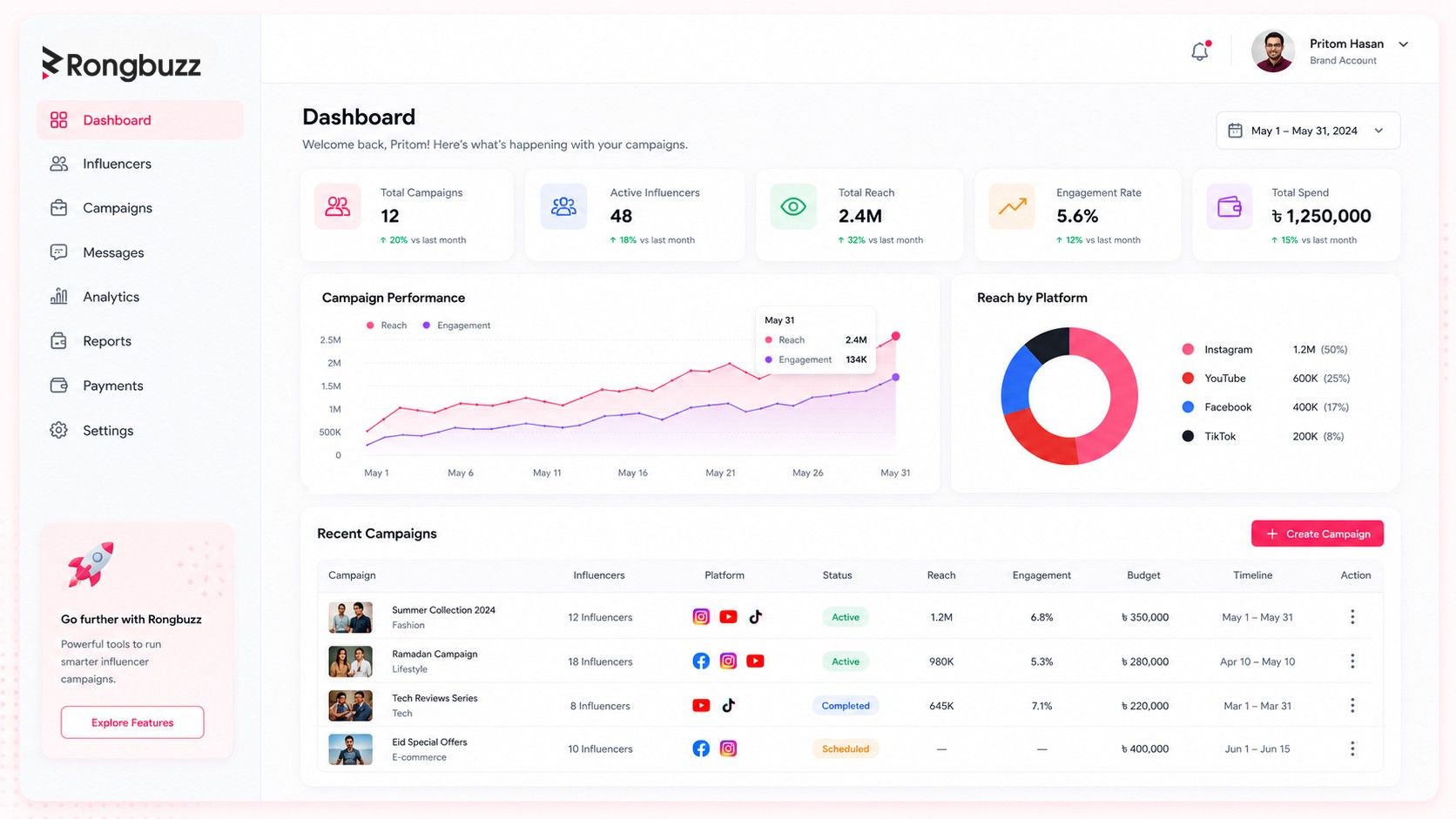 Rongbuzz dashboard or campaign view